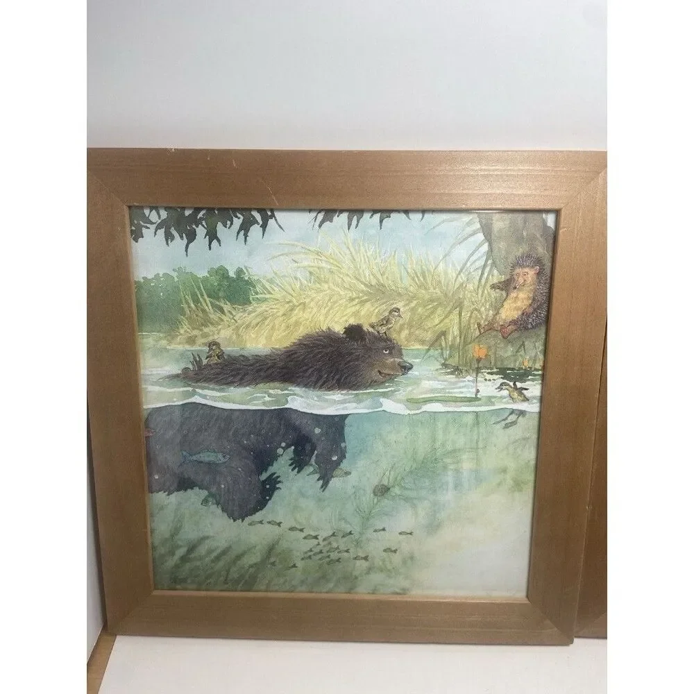 Set of 2 Ikea Bear Swimming 1999 print Kids Baby Nursery art wall decor Framed